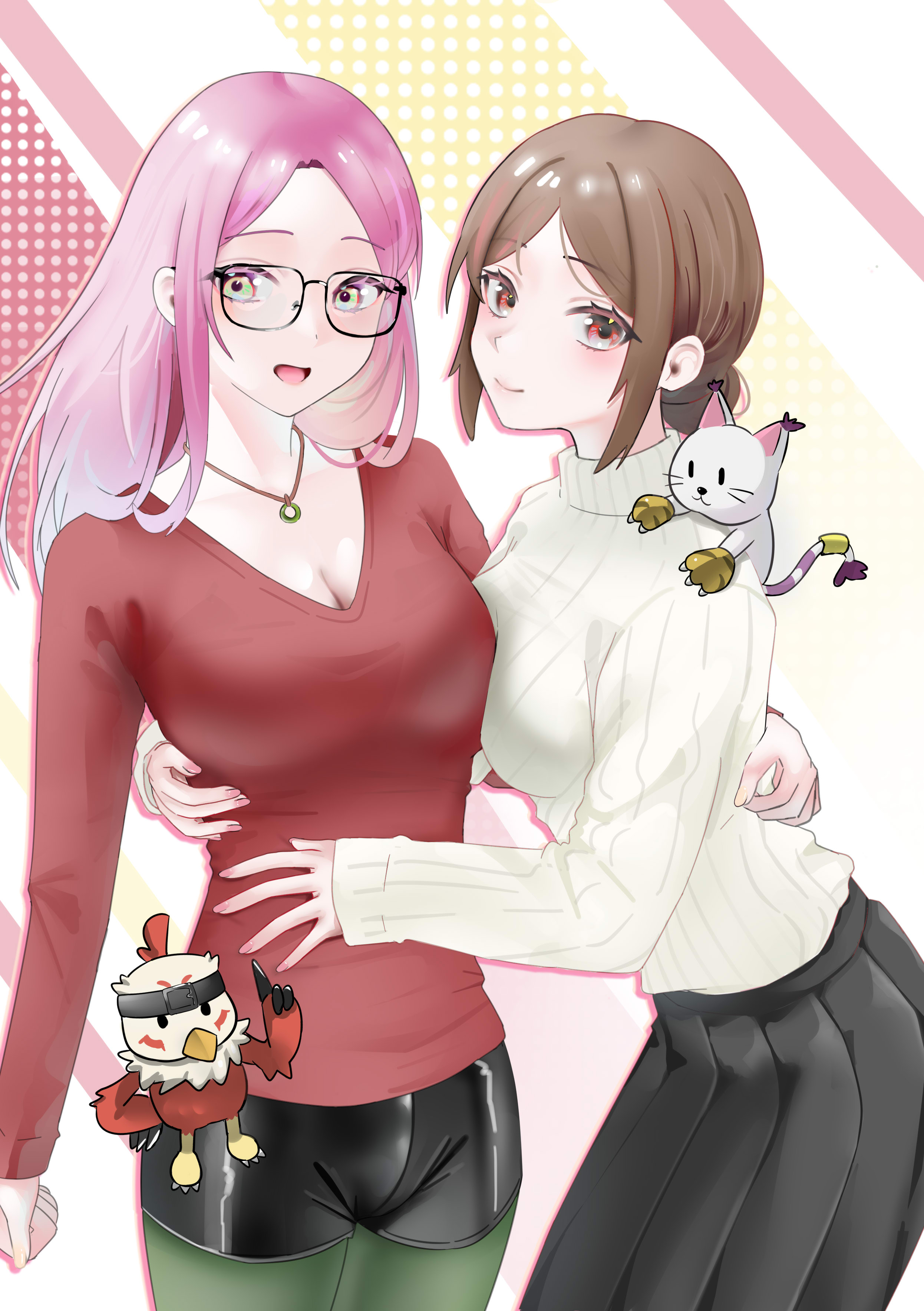 hawkmon, inoue miyako, tailmon, yagami hikari, digimon, 2girls, belt, cat, digimon (creature), feathers, glasses, hug, multiple girls, pixiv user (39806078)