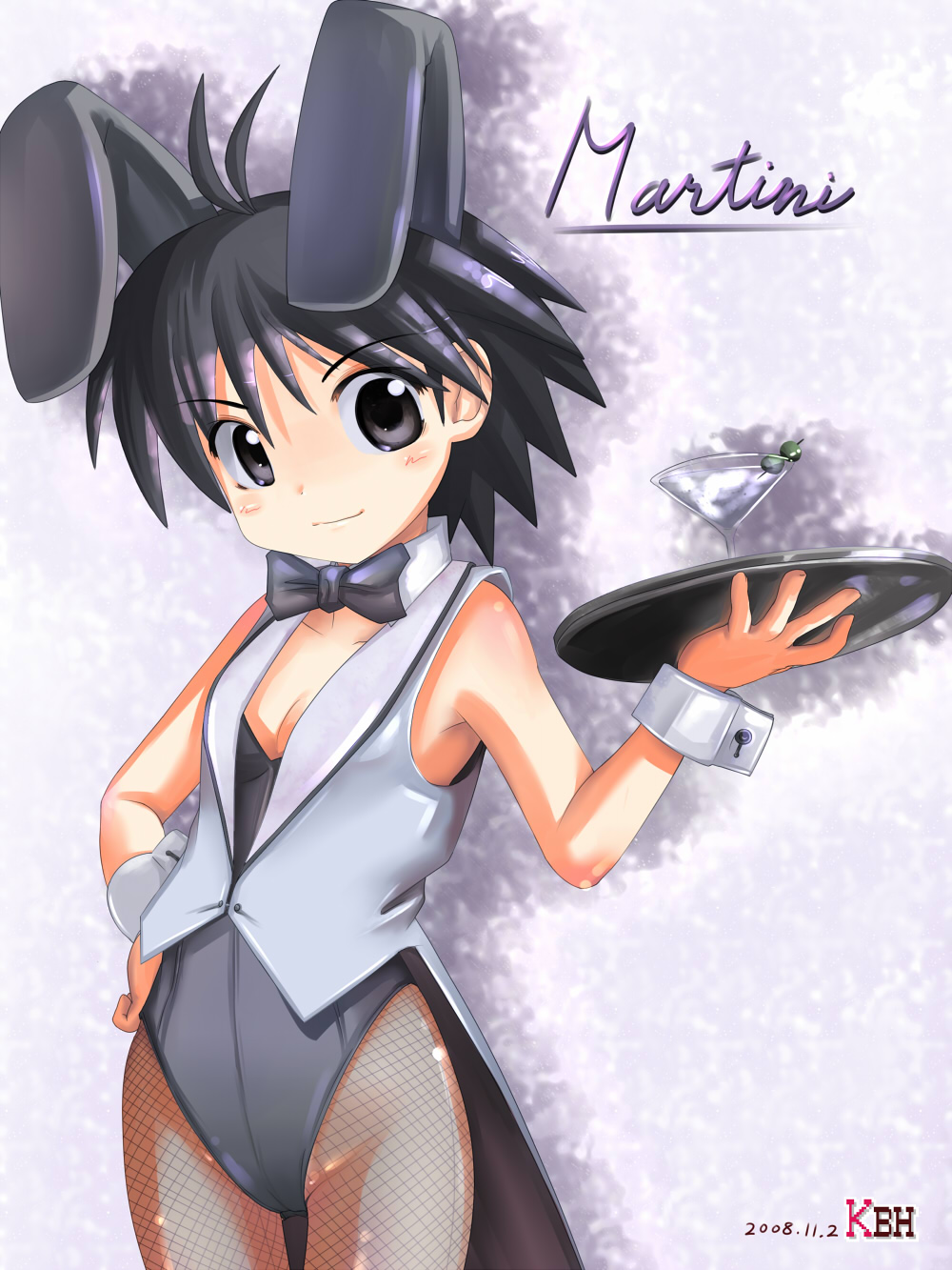 kazuboh, kikuchi makoto, idolmaster, idolmaster (classic), idolmaster 1, bad id, bad pixiv id, highres, 00s, animal ears, antenna hair, black hair, fake animal ears, fishnet pantyhose, fishnets, grey eyes, pantyhose, playboy bunny, rabbit ears, solo
