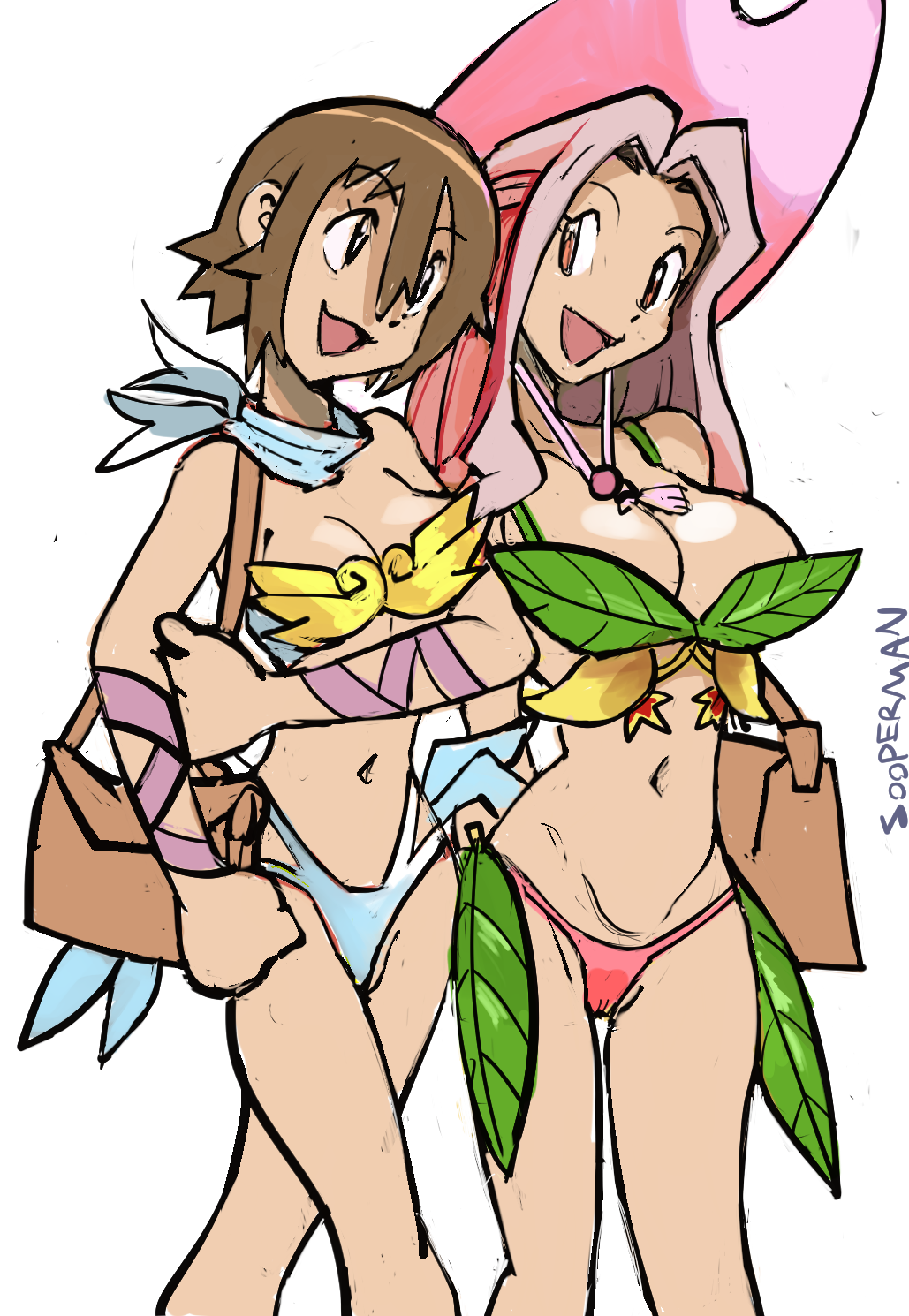 sooperman, tachikawa mimi, yagami hikari, digimon, 2girls, bikini, hat, multiple girls, navel, smile, swimsuit, walking