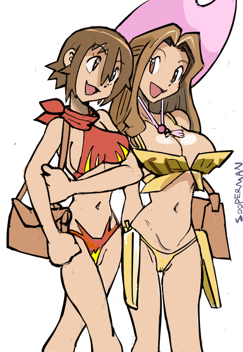sooperman, tachikawa mimi, yagami hikari, digimon, 2girls, bikini, hat, multiple girls, navel, smile, swimsuit, walking