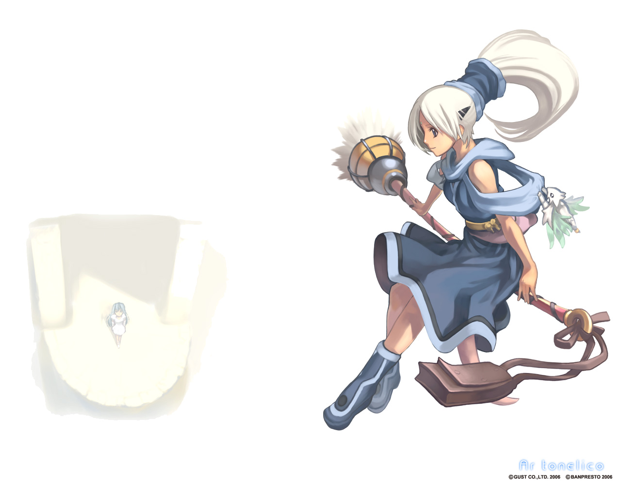 nagi ryou, lyra ross reitel, shurelia (ar tonelico), tastiella de lu, ar tonelico, ar tonelico i, gust, official art, official wallpaper, 00s, 2girls, aged down, blue eyes, broom, dress, female focus, horns, long hair, multiple girls, ponytail, white hair