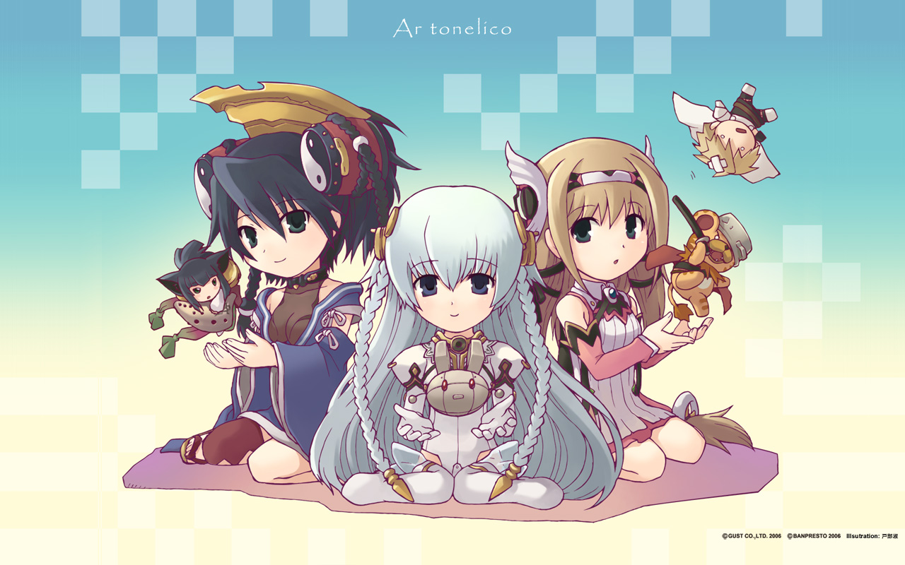 tobe sunaho, aurica nestmile, don leon, hama (ar tonelico), lyner barsett, misha arsellec lune, shurelia (ar tonelico), ar tonelico, ar tonelico i, gust, silver hair, 00s, 1boy, 4girls, blue eyes, blush, brooch, brown hair, checkered background, full body, gem, hat, jewelry, long hair, looking at viewer, multiple girls, seiza, simple background, sitting, very long hair, yokozuwari