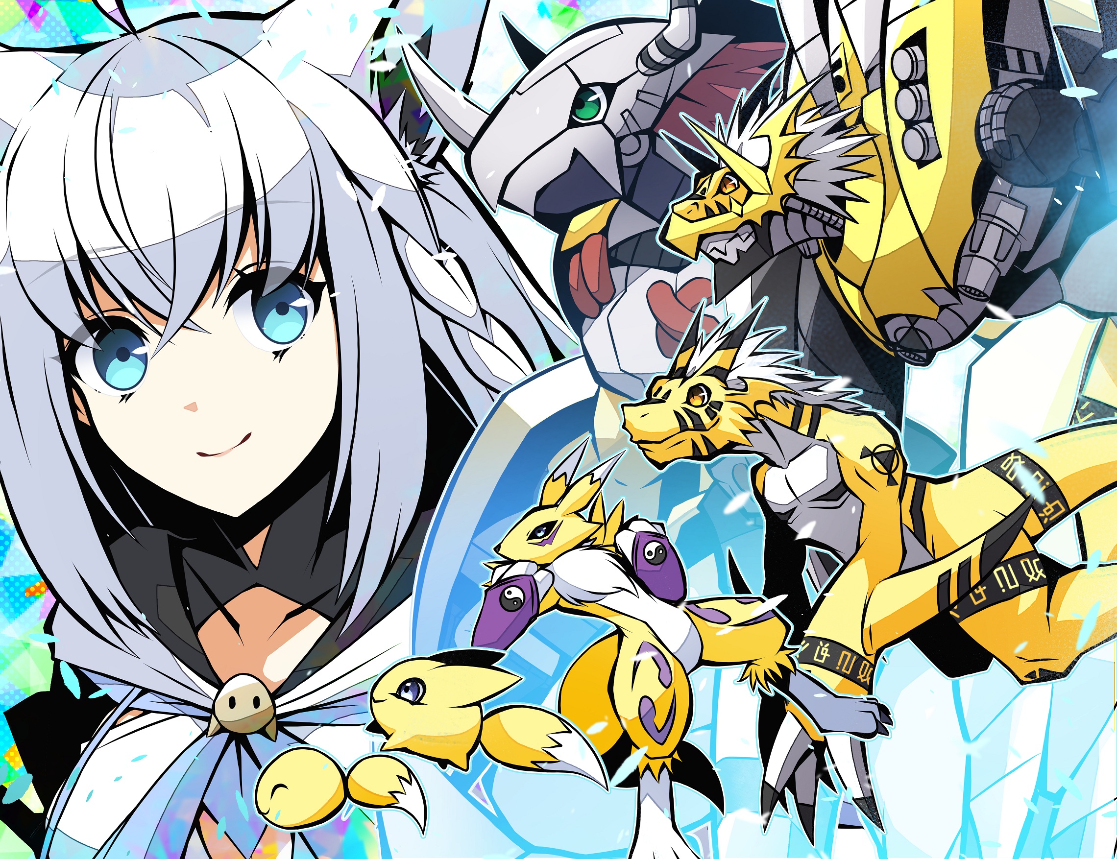 growmon (orange), megalogrowmon (orange), pokomon (digimon), relemon, renamon, wargreymon, digimon, character request, copyright request, blue eyes, digimon (creature), evolutionary line, pixiv user (16868844), smile