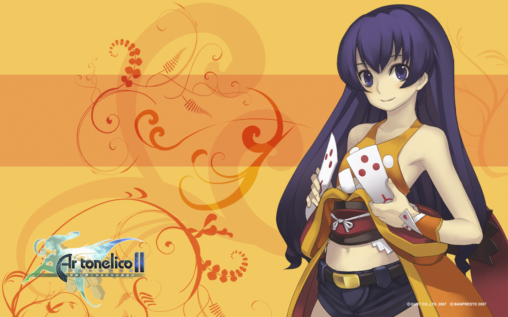 nagi ryou, cocona vatel, frelia (ar tonelico), frelia ansul solmarta, ar tonelico, ar tonelico ii, gust, highres, official art, official wallpaper, 00s, 1girl, bare shoulders, female focus, long hair, midriff, navel, pants, solo