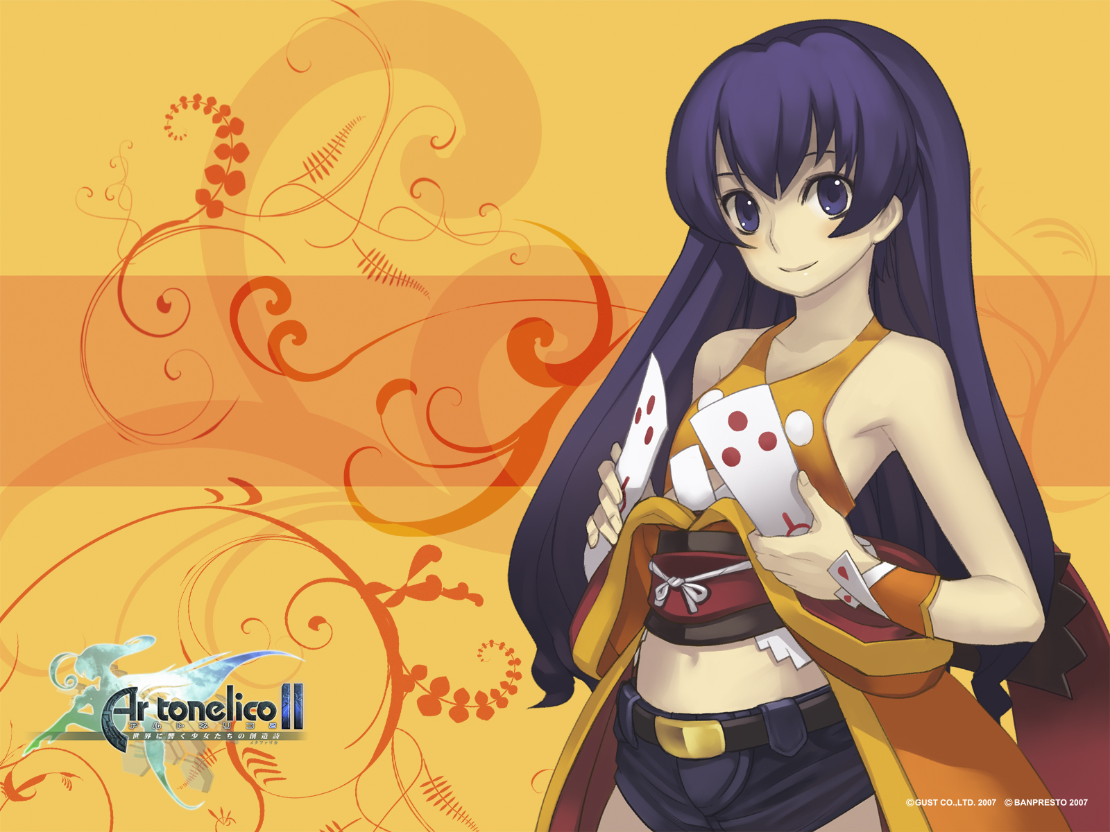 nagi ryou, cocona vatel, frelia (ar tonelico), frelia ansul solmarta, ar tonelico, ar tonelico ii, gust, highres, official art, official wallpaper, 00s, 1girl, bare shoulders, female focus, long hair, midriff, navel, pants, solo