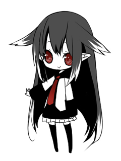 komeko meko (mecolate), lowres, animal ears, black hair, chibi, long hair, necktie, pointy ears, qvga, red eyes, skirt, thighhighs