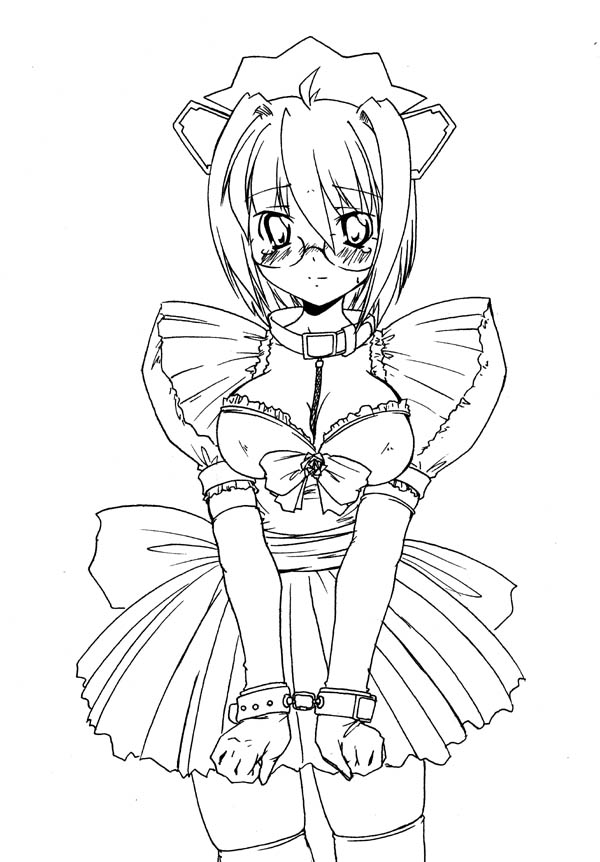 45acp, 2k-tan, os-tan, 1girl, bdsm, bondage, bound, breasts, breasts squeezed together, cleavage, collar, cuffs, elbow gloves, female focus, gloves, greyscale, large breasts, maid, monochrome, solo, thighhighs