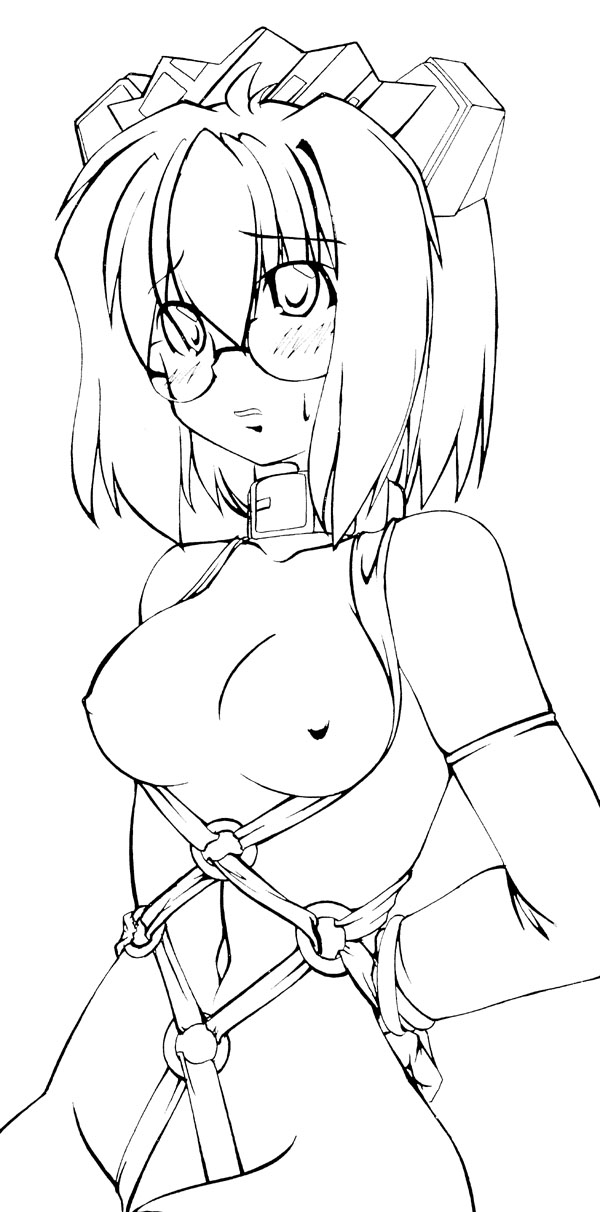45acp, 2k-tan, os-tan, highres, long image, tall image, 1girl, arms behind back, bdsm, bondage, bound, breasts, collar, female focus, glasses, greyscale, medium breasts, monochrome, nipples, nude, solo