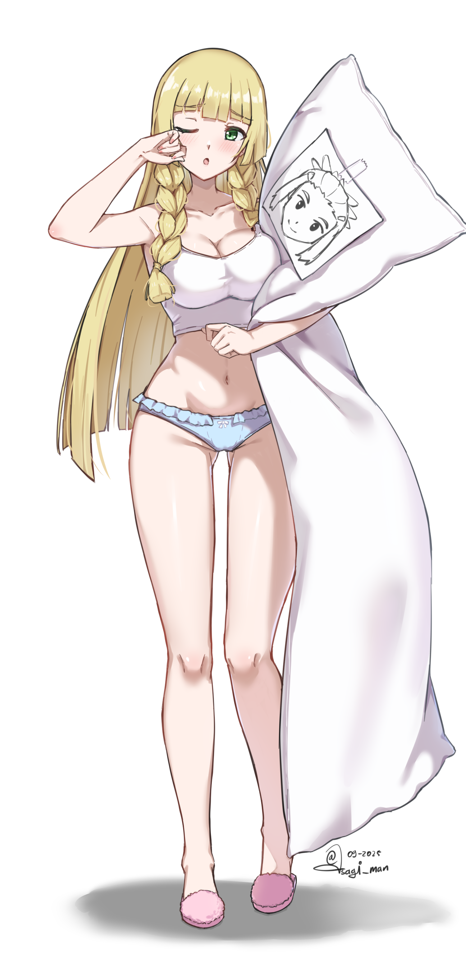 sundajin asagi, lillie (pokemon), nintendo, pokemon, absurdres, commission, highres, pixiv commission, 1girl, ;o, bare legs, blonde hair, blue panties, braid, braided sidelock, crop top, dakimakura (object), green eyes, navel, one eye closed, panties, pillow, sidelocks, simple background, slippers, tank top, thighs, underwear, white background, white tank top