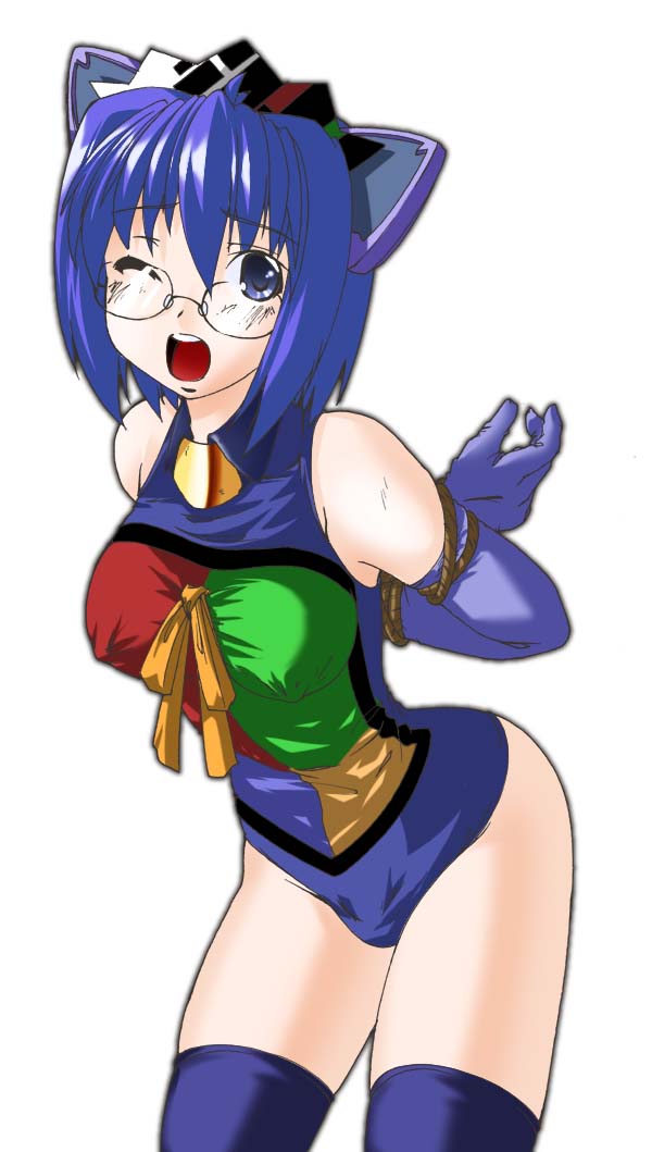 45acp, 2k-tan, os-tan, 1girl, animal ears, arms behind back, bare shoulders, bdsm, blue eyes, blue hair, bondage, bound, box tie, breasts, female focus, glasses, gloves, medium breasts, one eye closed, open mouth, rope, solo, standing, thighhighs, white background