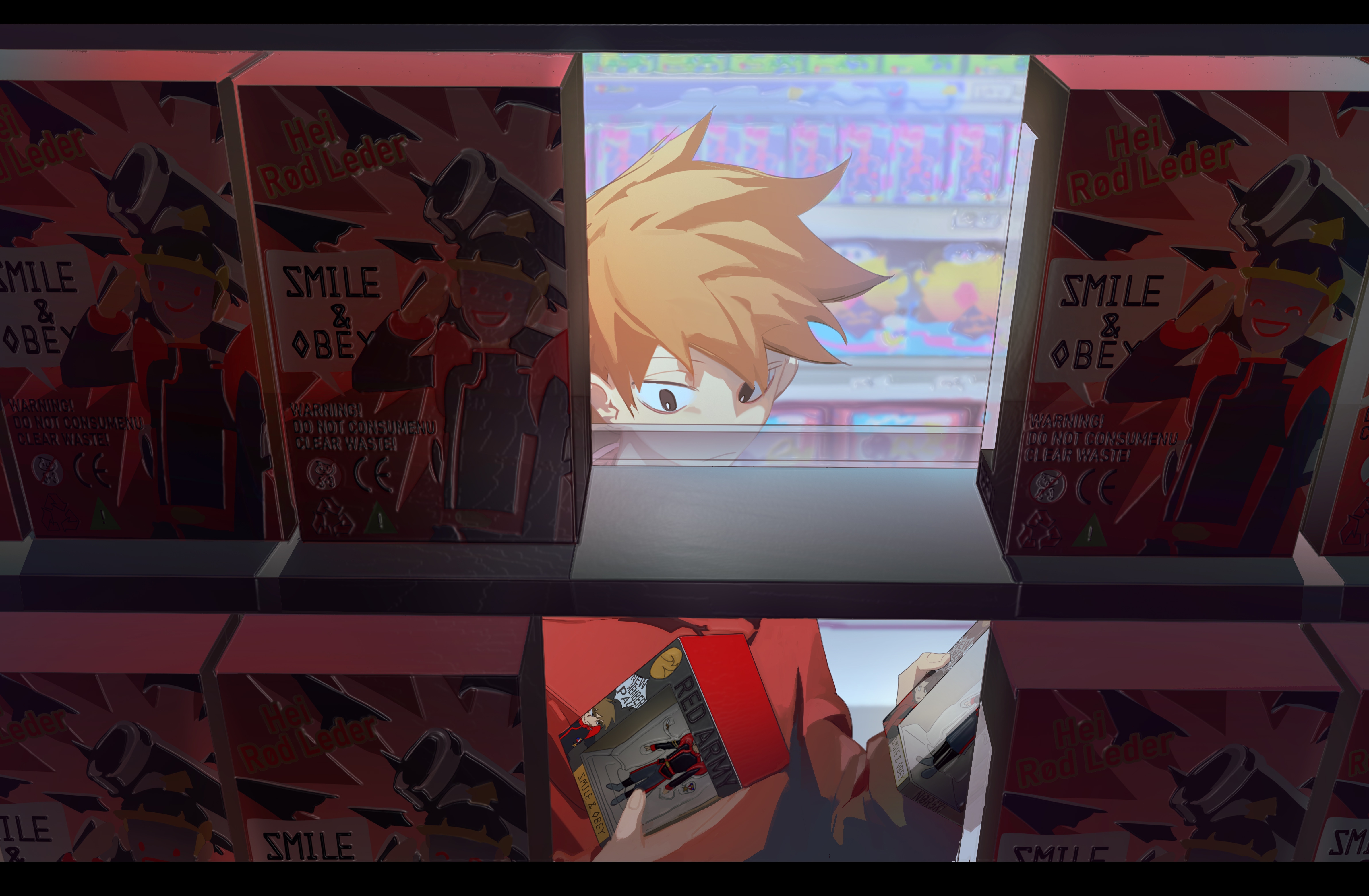 eddsworld, absurdres, chinese commentary, commentary request, highres, 1boy, black eyes, box, brown hair, from above, hair behind ear, hair between eyes, holding, holding box, hood, hood down, hoodie, indoors, letterboxed, long sleeves, looking at object, looking down, male focus, patryck (eddsworld), paul (eddsworld), puffy long sleeves, puffy sleeves, red hoodie, shelf, shop, short hair, solo, swept bangs, tord (eddsworld), toy, upper body, very short hair, xic94