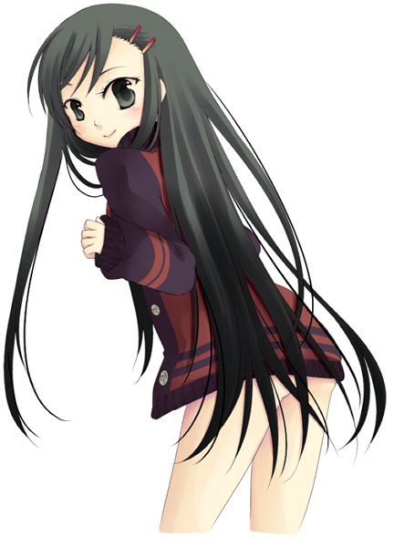 toriumi itachi, original, 1girl, bottomless, cowboy shot, cropped legs, female focus, hair ornament, hairclip, long hair, looking back, solo