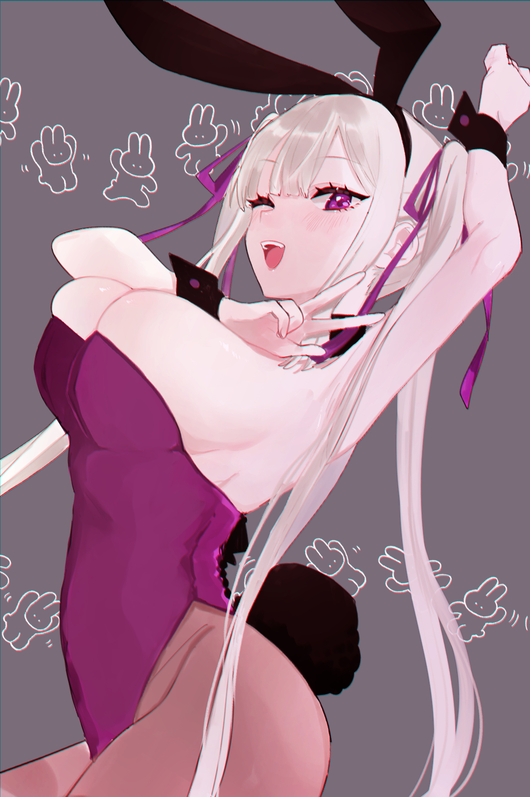 eurasia (wtp09ptw14), original, commentary request, highres, 1girl, animal ear hairband, animal ears, arm up, armpits, black hairband, black wrist cuffs, breasts, brown pantyhose, center-flap bangs, cowboy shot, double-parted bangs, fake animal ears, fake tail, grey background, hair ribbon, hairband, hand up, highleg, highleg leotard, large breasts, leotard, long hair, looking at viewer, one eye closed, open mouth, pantyhose, playboy bunny, purple eyes, purple leotard, purple ribbon, rabbit ear hairband, rabbit ears, rabbit tail, ribbon, smile, solo, strapless, strapless leotard, tail, twintails, w, white hair, wrist cuffs