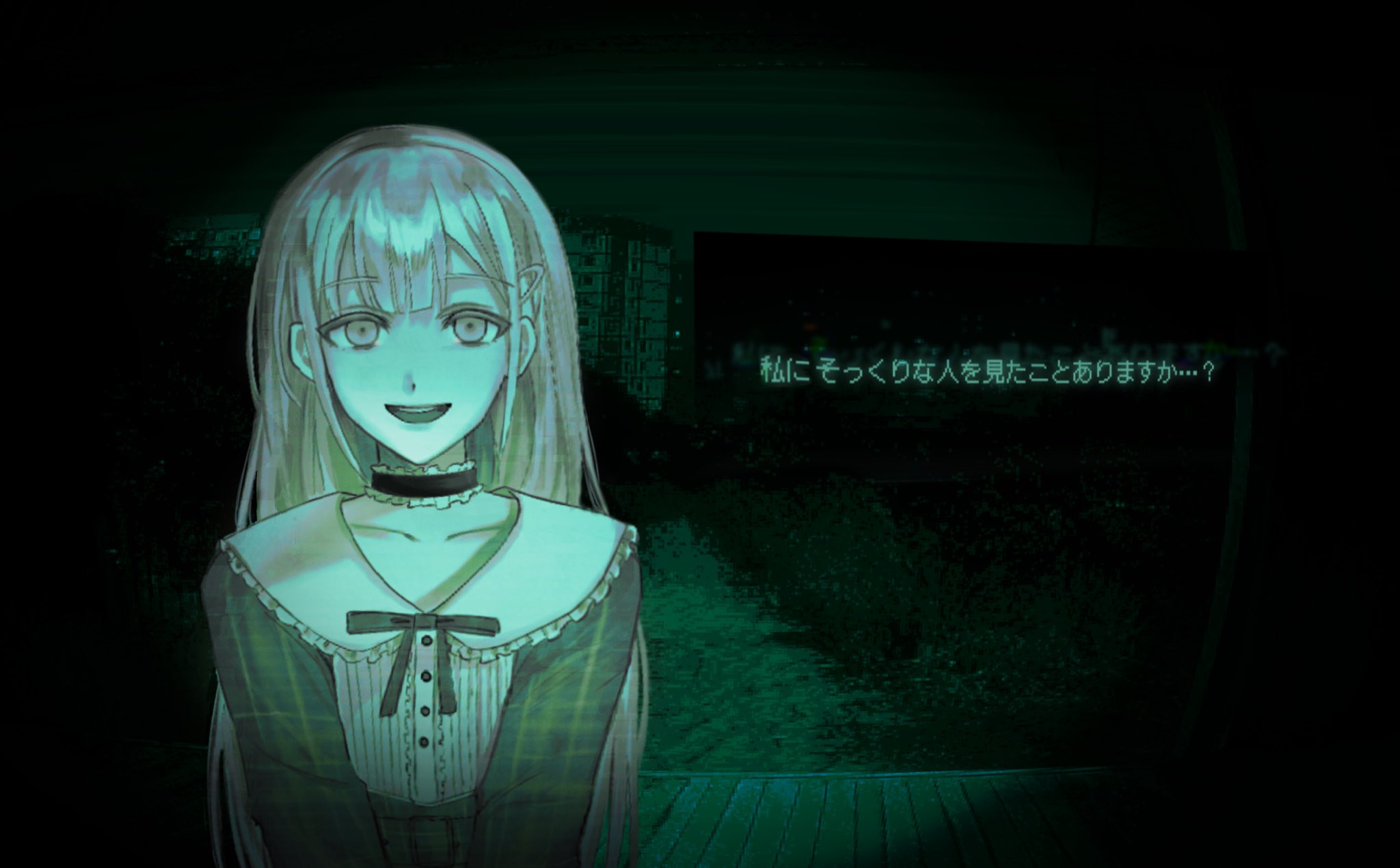 walpurgisto, wakaba mutsumi, bang dream!, bang dream! it's mygo!!!!!, highres, translation request, 1girl, building, choker, dark, dress, game screenshot background, hair ornament, hairpin, long hair, looking at viewer, meme, monochrome, neck ribbon, night, parody, peephole, plaid clothes, plaid dress, pov peephole, ribbon, screenshot background, smile, solo, standing