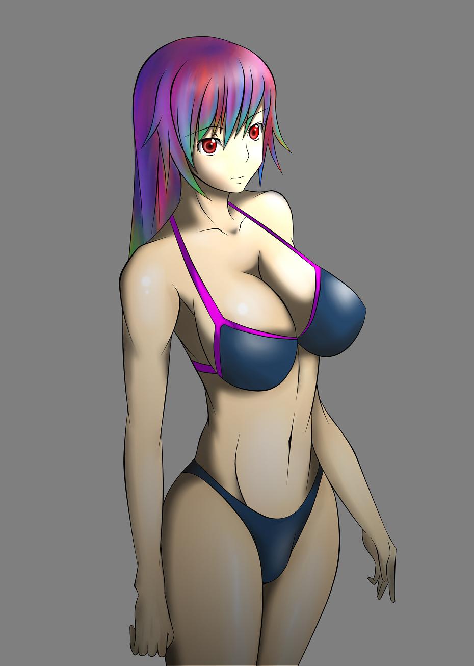 tokinosuke, bad id, bad pixiv id, highres, 1girl, bikini, blue hair, breasts, female focus, green hair, large breasts, long hair, multicolored hair, purple hair, red eyes, solo, swimsuit
