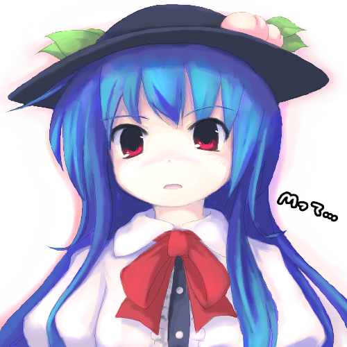 tsubasa (abchipika), hinanawi tenshi, touhou, lowres, 1girl, blue hair, female focus, food, fruit, hat, leaf, peach, red eyes, solo