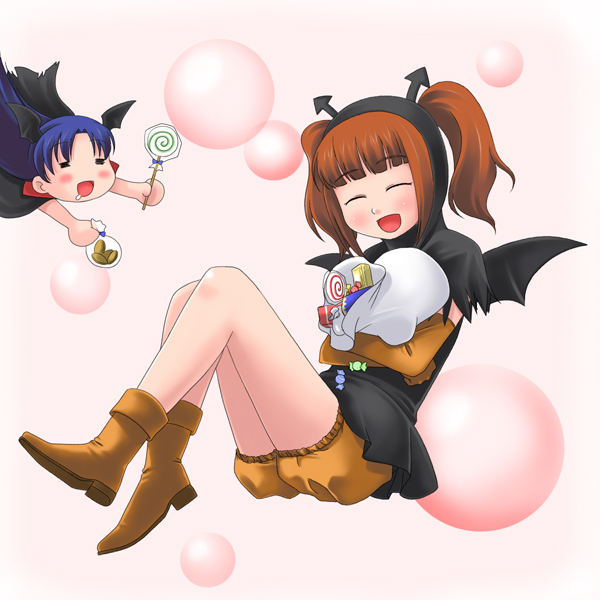 toshifumi, kisaragi chihaya, takatsuki yayoi, idolmaster, idolmaster (classic), idolmaster 1, 00s, bat wings, candy, food, halloween, twintails, wings