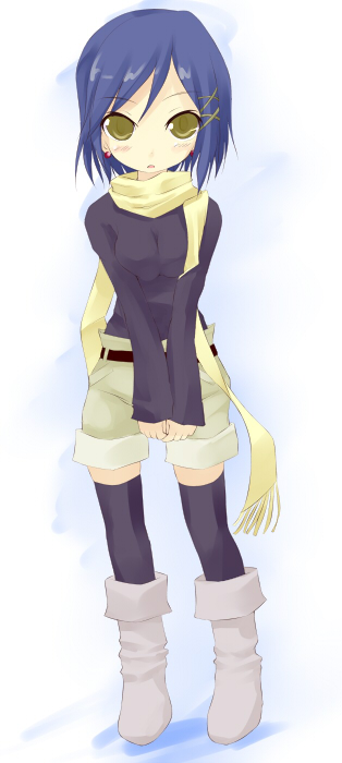 kuro (be ok), aika granzchesta, aria (manga), 00s, 1girl, blue hair, boots, breasts, breasts squeezed together, casual, female focus, scarf, short hair, small breasts, solo, thighhighs, yellow eyes