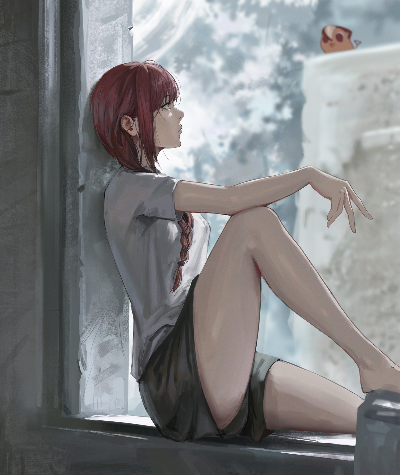 luxearte, makima (chainsaw man), pochita (chainsaw man), chainsaw man, highres, 1girl, alternate costume, black shorts, braid, braided ponytail, feet out of frame, from side, indoors, knee up, long hair, profile, red hair, shirt, short sleeves, shorts, sitting, solo, white shirt, window, yellow eyes