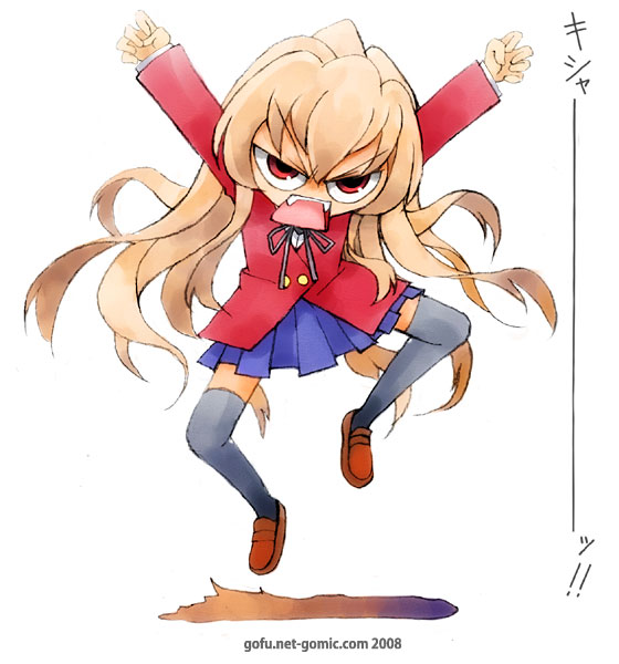 gofu, aisaka taiga, toradora!, 00s, angry, fangs, long hair, school uniform, serafuku, solo, thighhighs