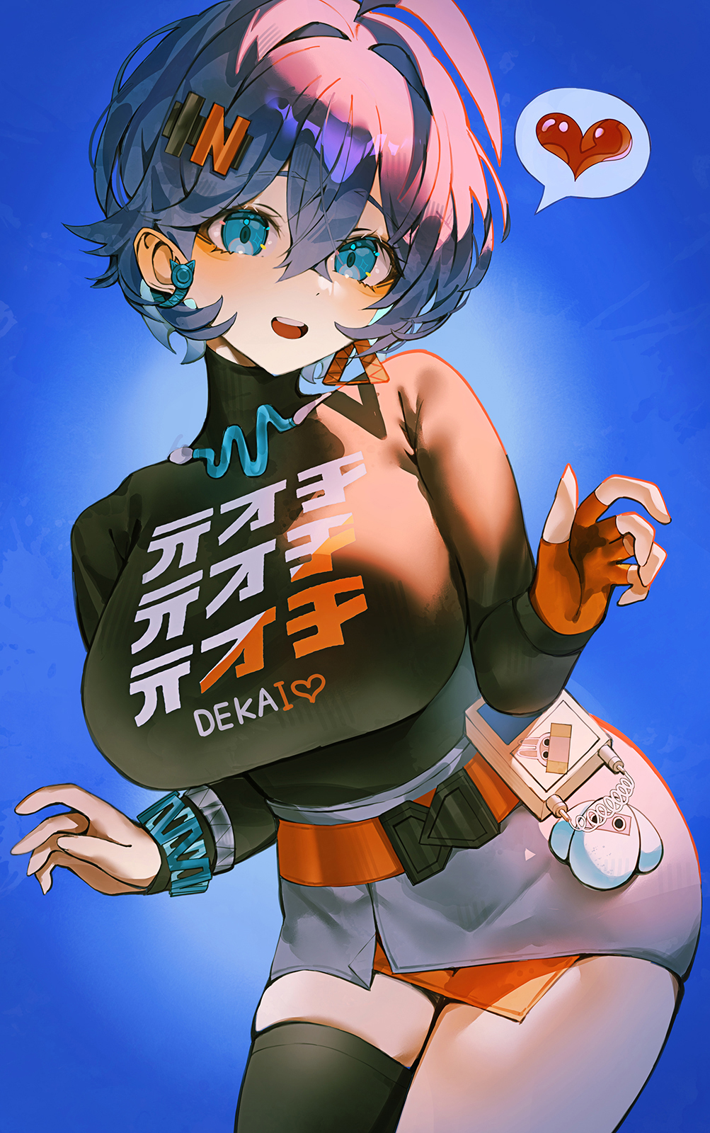indol, belle (zenless zone zero), zenless zone zero, highres, 1girl, accessories, belt, black shirt, blue background, blue eyes, blue hair, bracelet, breasts, earrings, fingerless gloves, gloves, hair between eyes, hair ornament, heart, jewelry, large breasts, letter hair ornament, necklace, open mouth, orange gloves, shirt, single fingerless glove, single thighhigh, smile, solo, speech bubble, standing, teeth, thighhighs, upper teeth only