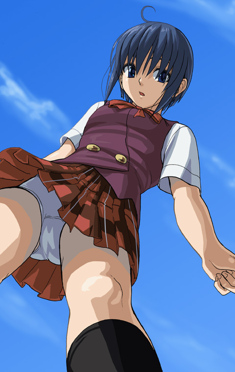 minarai zouhyou, miyazaki nodoka, mahou sensei negima!, 00s, 1girl, ahoge, blue eyes, blue hair, bob cut, cloud, day, female focus, from below, kneehighs, looking down, looking up, matching hair/eyes, panties, pantyshot, plaid clothes, plaid skirt, school uniform, serafuku, short hair, skirt, sky, socks, solo, underwear, upskirt, vest