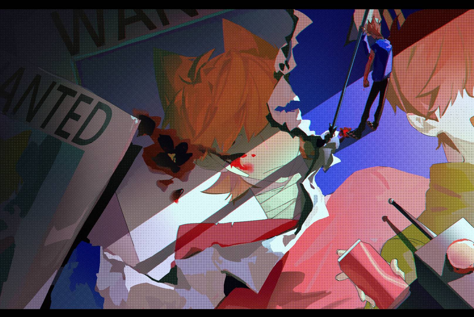 tom (eddsworld), eddsworld, adversarial noise, chinese commentary, commentary request, highres, spoilers, 1boy, black pants, black shoes, blood, blood on arm, blue hoodie, brown hair, checkered footwear, chromatic aberration, day, english text, from above, from behind, full body, future tord (eddsworld), holding, holding polearm, holding weapon, hood, hood down, hoodie, long sleeves, male focus, pants, polearm, poster (object), puffy long sleeves, puffy sleeves, shoes, short hair, single bare arm, single bare shoulder, spear, standing, tord (eddsworld), very short hair, weapon, xic94