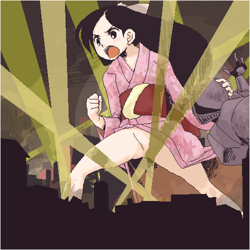 kitsu chiri, sayonara zetsubou sensei, lowres, 00s, angry, black eyes, black hair, bottomless, censored, cityscape, convenient censoring, giant, giantess, japanese clothes, kimono, long hair, no panties, oekaki, parted bangs, searchlight, solo