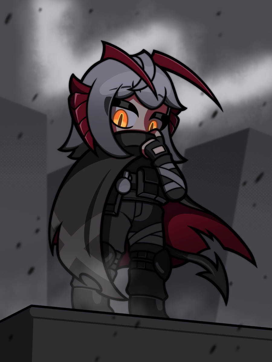 virgate, w (arknights), arknights, commentary, highres, 1girl, antenna hair, black pants, black tail, boots, cape, chibi, demon tail, fingerless gloves, gloves, grey cape, grey hair, hand up, horns, long sleeves, looking at viewer, mask, mask pull, mouth mask, multicolored hair, orange eyes, pants, red hair, red horns, sidelocks, solo, standing, tail, w (mercenary) (arknights), wind