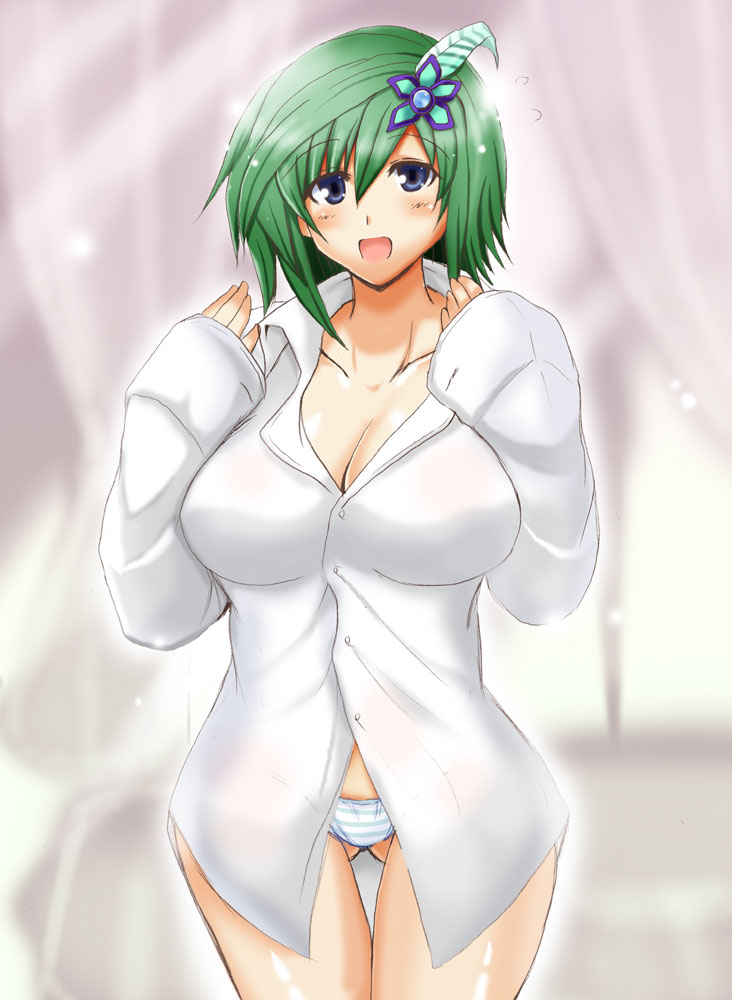 yasakani an, rydia (adult) (ff4), rydia (ff4), final fantasy, final fantasy iv, 1990s (style), 1girl, aged up, blue eyes, breasts, cleavage, dress shirt, female focus, green hair, indoors, large breasts, panties, retro artstyle, shirt, solo, underwear