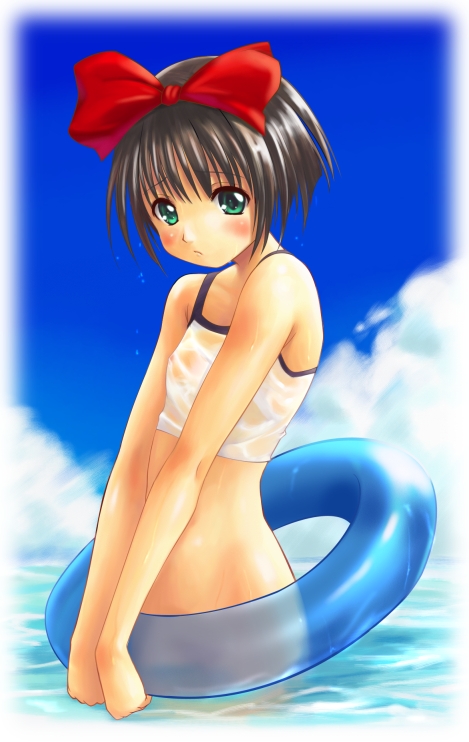 1girl, bare shoulders, blush, bottomless, bow, brown hair, cloud, day, female focus, green eyes, hair bow, innertube, ocean, outdoors, see-through clothes, short hair, sky, solo, swim ring, tank top, wading, water, wet