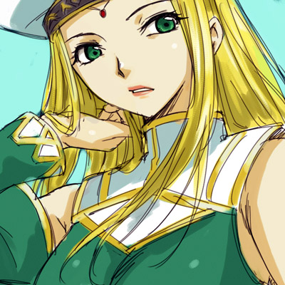 michael f91, freya (valkyrie profile), valkyrie profile (series), lowres, adjusting hair, blonde hair, detached sleeves, green eyes, hat, long hair, sleeveless, solo