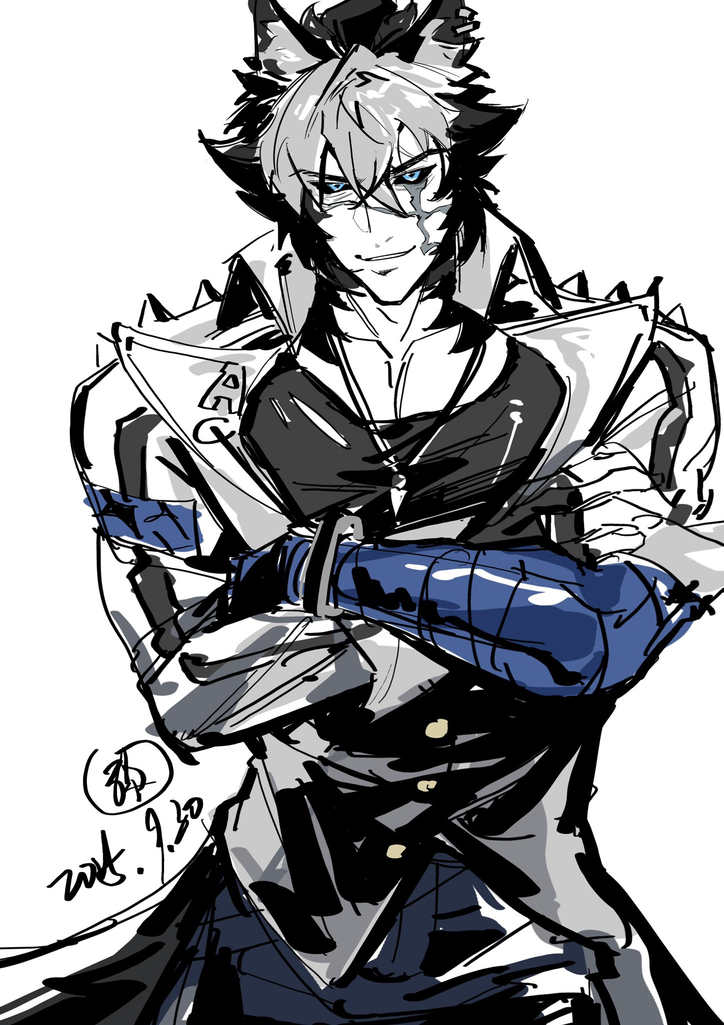 komano manato, komano manato (white heart silhouette), zenless zone zero, highres, 1boy, animal ears, bittersweet334, black hair, black shirt, blue eyes, dog boy, dog ears, jacket, jewelry, looking at viewer, male focus, multicolored hair, muscular, muscular male, necklace, official alternate color, official alternate costume, official alternate hair color, scar, scar across eye, scar on face, shirt, short hair, white background, white hair