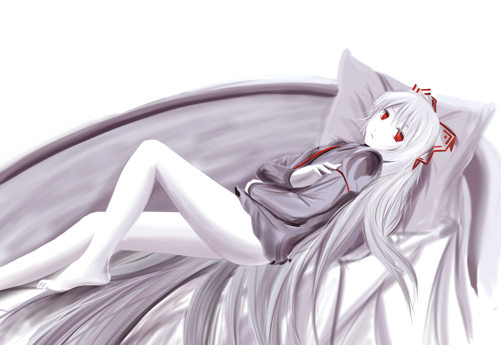 rexlent, fujiwara no mokou, touhou, silver hair, highres, 1girl, barefoot, bottomless, feet, female focus, hair ribbon, long hair, monochrome, red eyes, ribbon, solo, spot color, very long hair