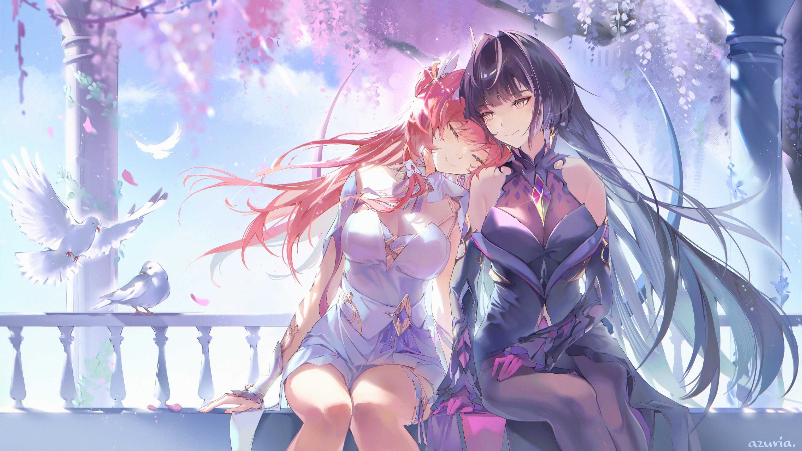 azuria03, leylah (honkai impact), senadina, senadina (cocoon of unwoven), honkai (series), honkai impact 3rd, highres, 2girls, bare shoulders, bird, black dress, breasts, brown hair, cherry blossoms, closed eyes, detached sleeves, dove, dress, hair ornament, leaning on person, long dress, long hair, multicolored eyes, multiple girls, orange hair, pantyhose, sitting, sleeveless, sleeveless dress, smile, thighs, very long hair, white dress, white streaks, yuri