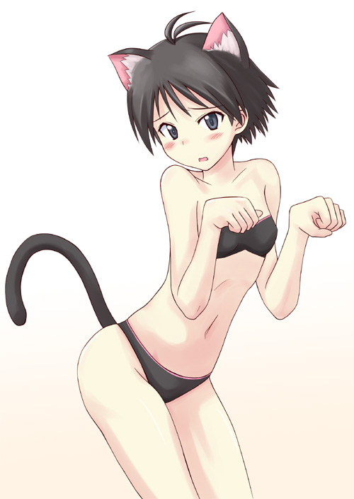 kisugi akira, kikuchi makoto, idolmaster, idolmaster (classic), idolmaster 1, non-web source, 00s, animal ears, antenna hair, bikini, black bikini, black eyes, black hair, blush, cat ears, cat tail, embarrassed, paw pose, short hair, swimsuit, tail