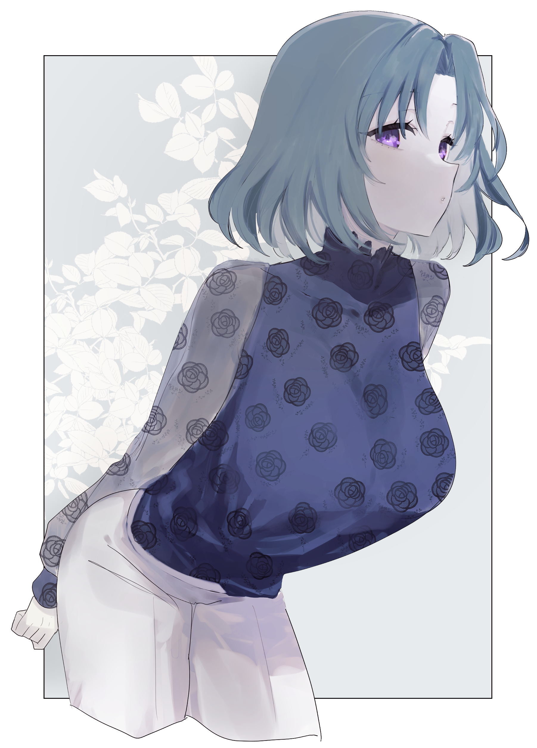 eurasia (wtp09ptw14), original, absurdres, commentary request, highres, 1girl, arms behind back, blue hair, blue shirt, border, breasts, cropped legs, floral print shirt, grey background, large breasts, leaning forward, long sleeves, looking at viewer, outside border, pants, parted bangs, parted lips, purple eyes, shirt, short hair, solo, white border, white pants