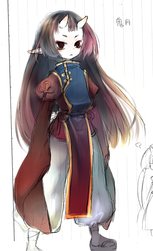 komeko meko (mecolate), brown hair, chinese clothes, demon girl, elf, horns, long hair, long sleeves, oni, pointy ears, red eyes