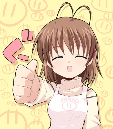 furukawa nagisa, clannad, dango daikazoku, 00s, antenna hair, apron, brown hair, closed eyes, dango, food, open mouth, short hair, smile, solo, thumbs up, wagashi