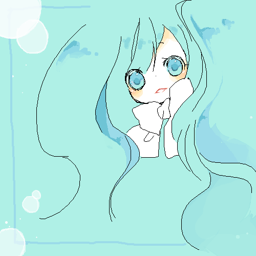komeko meko (mecolate), hatsune miku, vocaloid, lowres, blue eyes, blue hair, bow, bowtie, oekaki, solo