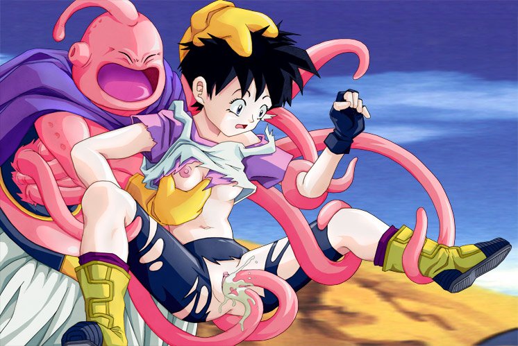 zone, majin buu, videl, dragon ball, dragonball z, bike shorts, boots, breasts, cum, grabbing another's breast, latex, pussy, pussy juice, rape, spandex, spread legs, tentacles, vaginal