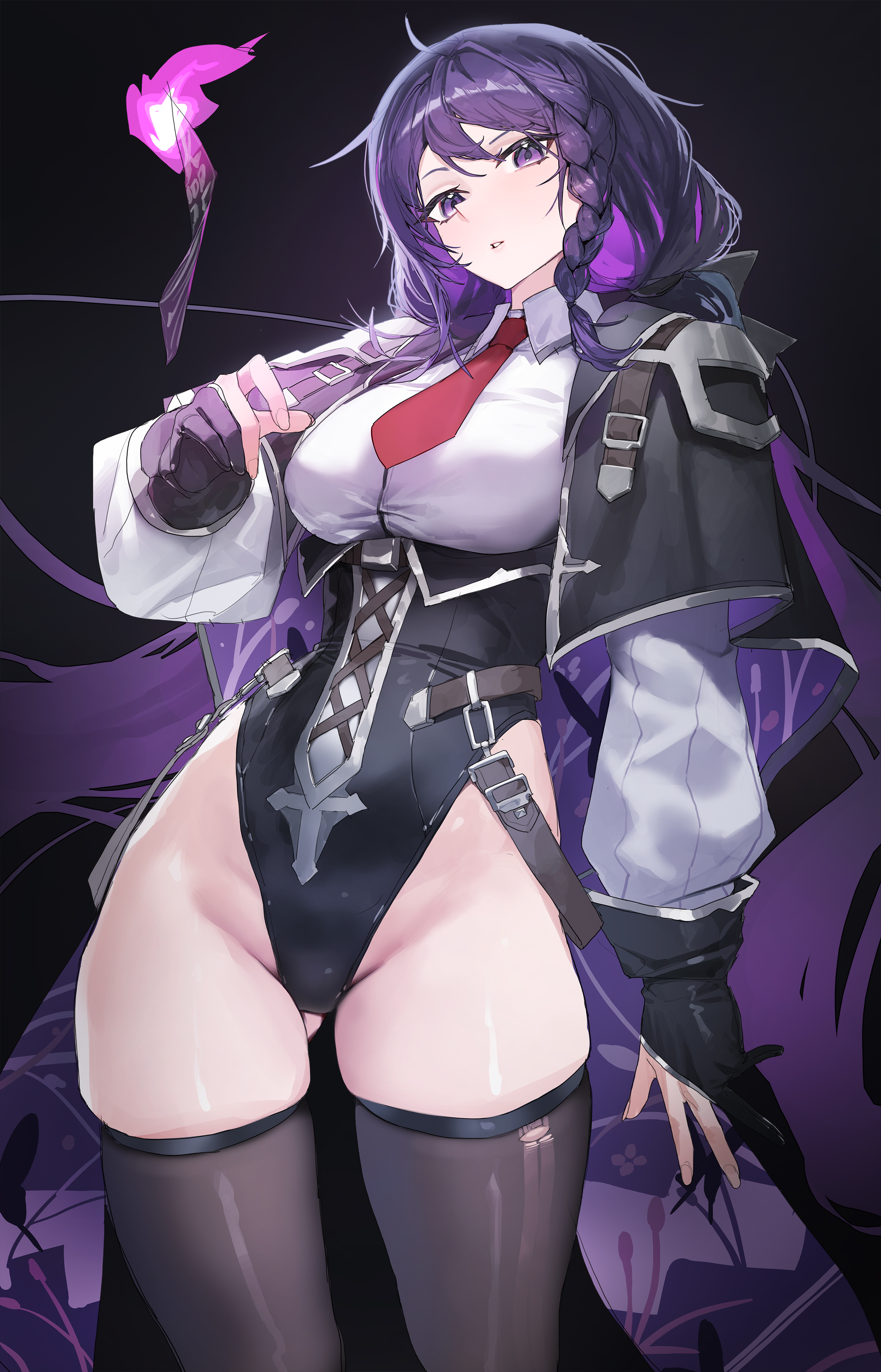 tunamayo (dsasd751), hyejin (black survival), black survival, eternal return: black survival, absurdres, highres, 1girl, alternate costume, black leotard, braid, breasts, brown thighhighs, capelet, collared shirt, cowboy shot, gloves, gradient hair, highleg, highleg leotard, large breasts, leotard, long hair, long sleeves, looking at viewer, low twintails, multicolored hair, necktie, parted lips, partially fingerless gloves, purple eyes, purple hair, shirt, short necktie, skindentation, solo, talisman, thighhighs, thighs, twintails, very long hair, white shirt