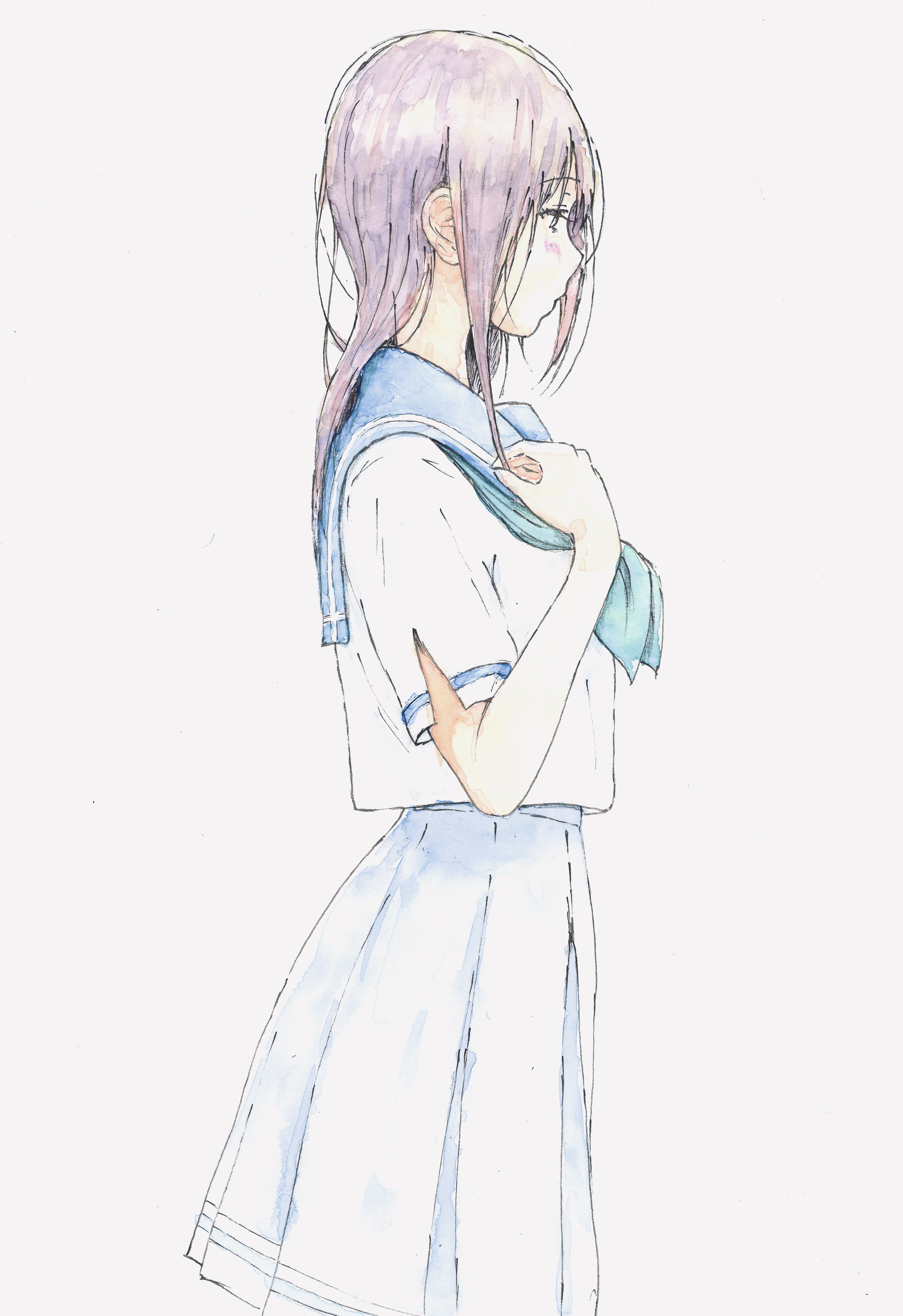 bbmasa, yoroizuka mizore, hibike! euphonium, liz to aoi tori, absurdres, commentary request, highres, traditional media, 1girl, blue background, blue neckerchief, blue sailor collar, blue skirt, blush, from side, gradient background, hand on own chest, kitauji high school uniform, long hair, neckerchief, pleated skirt, profile, sailor collar, school uniform, serafuku, shirt, short sleeves, skirt, solo, summer uniform, white shirt