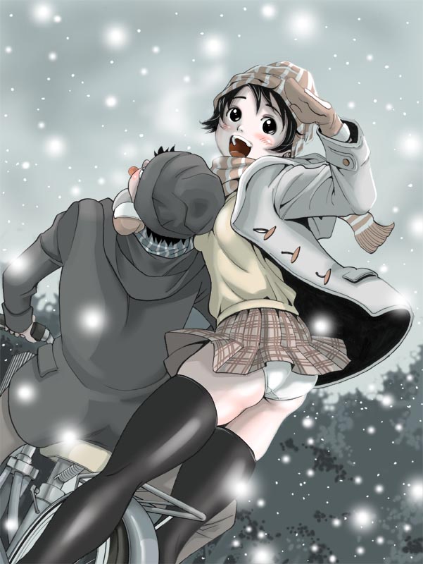 chawanmushi (zukka5187), original, 1boy, 1girl, asphyxiation, beanie, bicycle, black hair, clothes lift, hat, mittens, multiple riders, panties, scarf, short hair, skirt, skirt lift, snow, standing, strangling, thighhighs, underwear, wind, wind lift