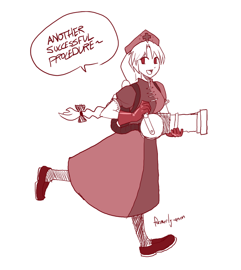 formerly, medic (tf2), yagokoro eirin, team fortress 2, touhou, 1girl, cross, english text, female focus, long hair, monochrome, parody, red cross, red theme, sketch, solo