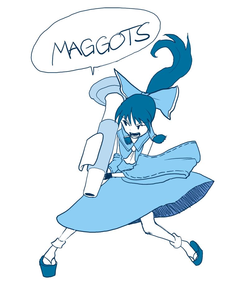 formerly, hakurei reimu, soldier (tf2), team fortress 2, touhou, 1girl, blue theme, crossover, english text, female focus, monochrome, parody, rocket launcher, sketch, solo, speech bubble, weapon