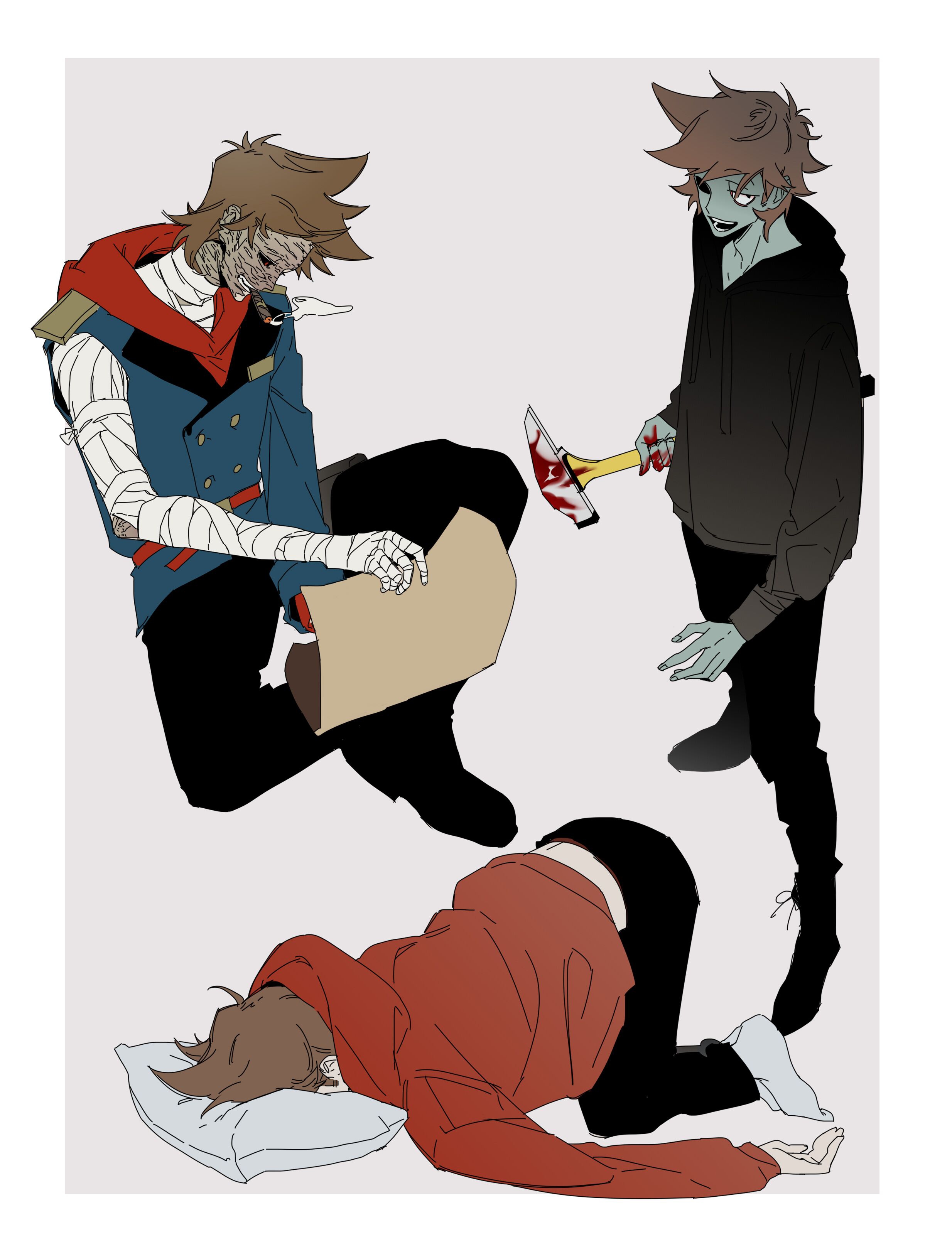 eddsworld, absurdres, chinese commentary, commentary request, highres, 2boys, :d, adam's apple, all fours, ankle socks, antenna hair, bandaged arm, bandages, belt, black boots, black eyes, black hoodie, black pants, black sclera, blood, blood on hands, bloody weapon, blue jacket, boots, border, brown hair, buttons, cigarette, collarbone, colored sclera, colored skin, double-breasted, drawstring, dual persona, face in pillow, from above, full body, future tord (eddsworld), green skin, grey background, hammer, holding, holding hammer, holding paper, hood, hood down, hoodie, jacket, jacket over hoodie, knees apart feet together, lace-up boots, long sleeves, looking at viewer, looking down, male focus, mismatched sclera, mouth hold, multiple boys, multiple views, open mouth, outside border, pants, paper, pillow, puffy long sleeves, puffy sleeves, red belt, red eyes, red hoodie, scar, scar on face, short hair, simple background, sitting, smile, smoke, socks, standing, swept bangs, teeth, top-down bottom-up, tord (eddsworld), very short hair, weapon, white border, white socks, xic94