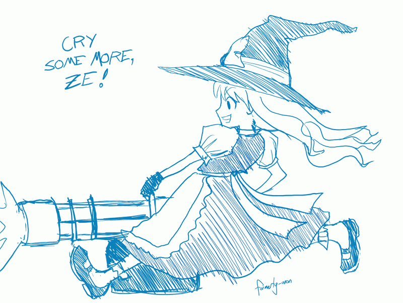 formerly, heavy (tf2), kirisame marisa, team fortress 2, touhou, 1girl, blue theme, female focus, gatling gun, gun, hat, heavy weapons guy, long hair, machine gun, monochrome, parody, sketch, solo, weapon, witch hat