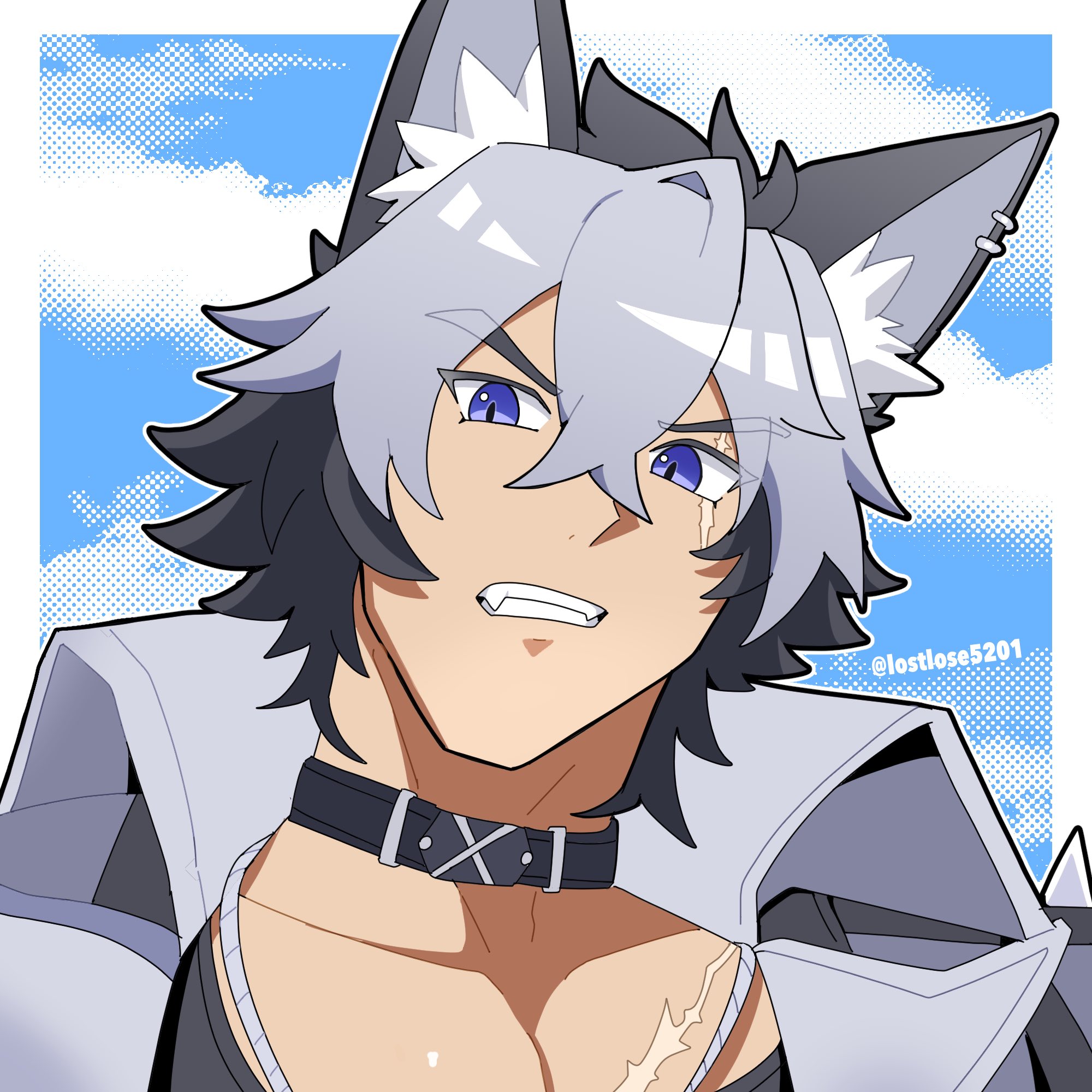 rosu (lostlose5261), komano manato, komano manato (white heart silhouette), zenless zone zero, highres, 1boy, animal ears, black hair, blue eyes, dog boy, dog ears, jacket, jewelry, looking at viewer, male focus, multicolored hair, necklace, official alternate color, official alternate costume, official alternate hair color, scar, scar across eye, scar on face, shirt, short hair, white background, white hair