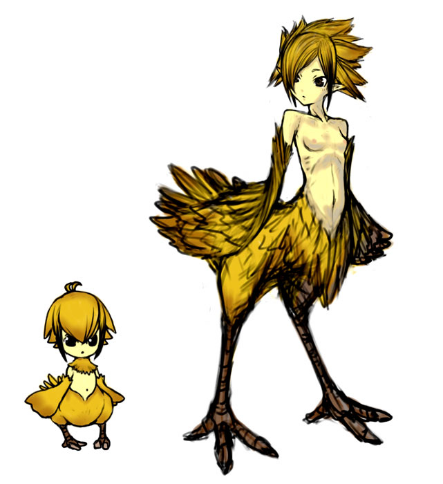 chicobo, chocobo, final fantasy, artist request, 2girls, breasts, chibi, hair over one eye, harpy, midriff, monster girl, multiple girls, navel, nipples, nude, personification, pointy ears, simple background, small breasts, talons, winged arms, wings